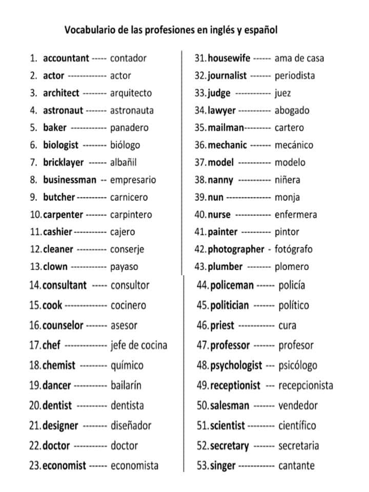 vocabulario profesiones en ingles