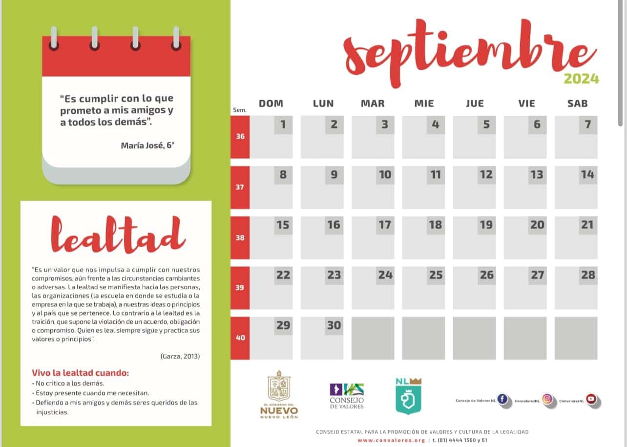 Calendario del mes de septiembre 2024